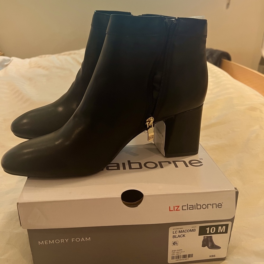 Black, ankle boots, 3” heels. Brand new in box